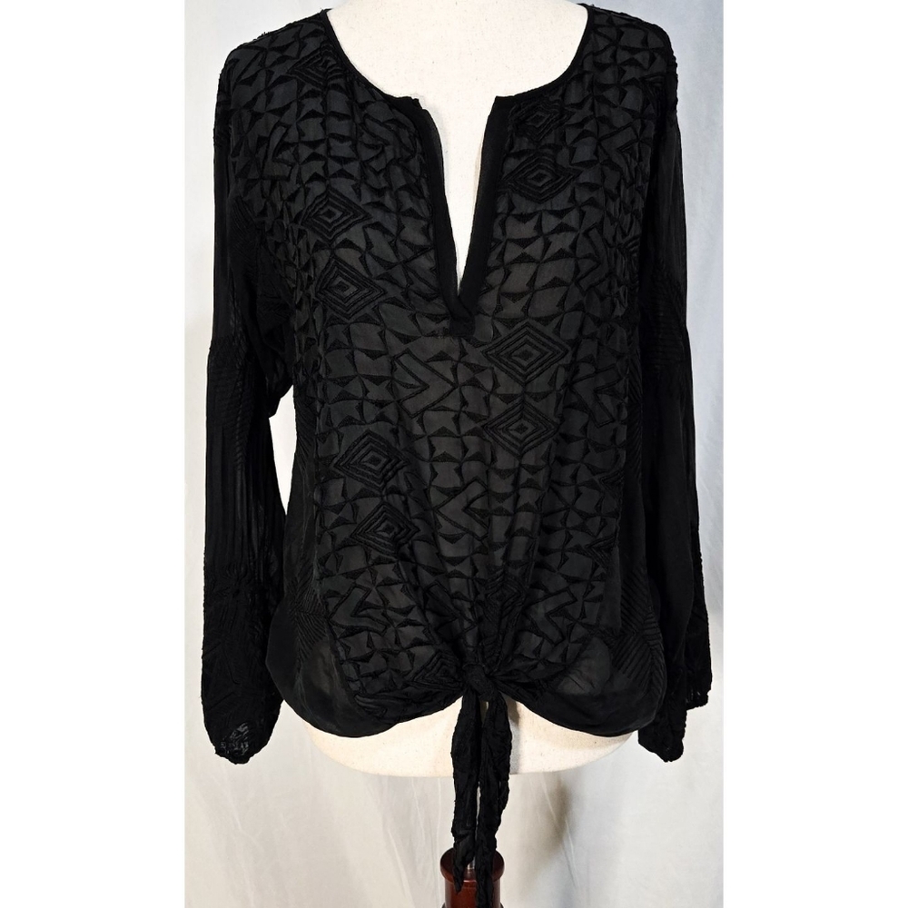 Language Silk Embroidered Blouse Top Long Sleeve Boho Geometric Flowy